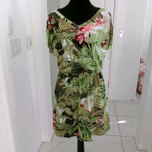 Luz & Sombra Tropical Print Stretch Jersey Dress Blouson Bodice M Green Pink